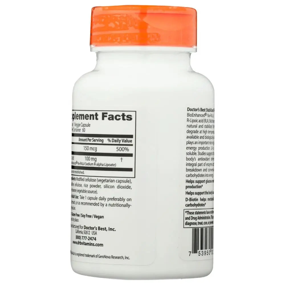 Doctor's Best Stabilized R-Lipoic Acid – 100 mg, 60 Veggie Caps | BioEnhanced Na-RALA for Antioxidant & Energy Support-Bask & Buy