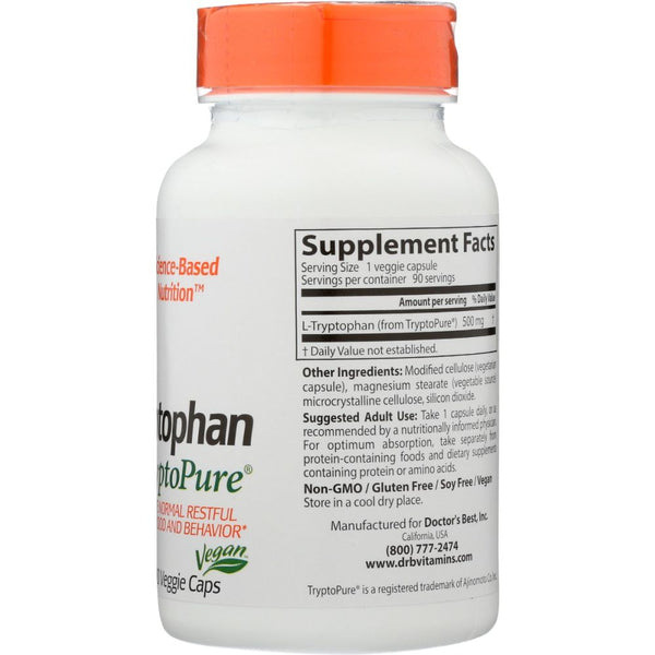 Doctor's Best L-Tryptophan 500 mg – 90 Veggie Caps | TryptoPure® | Mood & Sleep Support