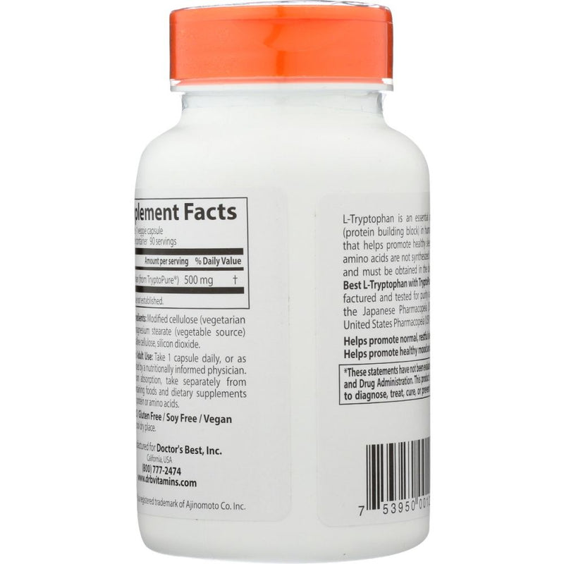 Doctor's Best L-Tryptophan 500 mg – 90 Veggie Caps | TryptoPure® | Mood & Sleep Support