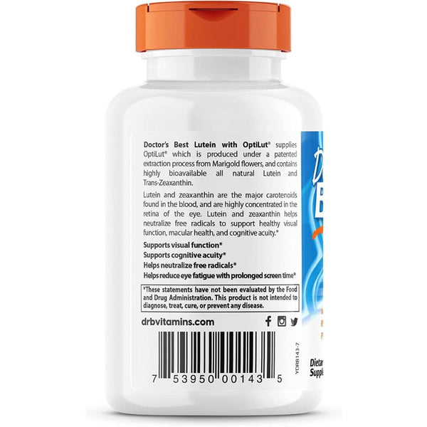 Doctor's Best Lutein with OptiLut – 10 mg, 120 Veggie Caps | Eye Health & Blue Light Protection