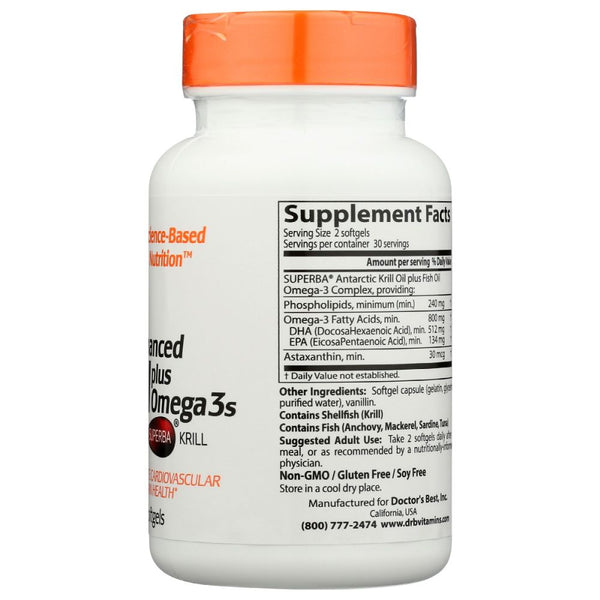 Doctor's Best Enhanced Krill Plus Omega-3s – 60 Softgels | Superba2® Krill Oil, Heart & Brain Support