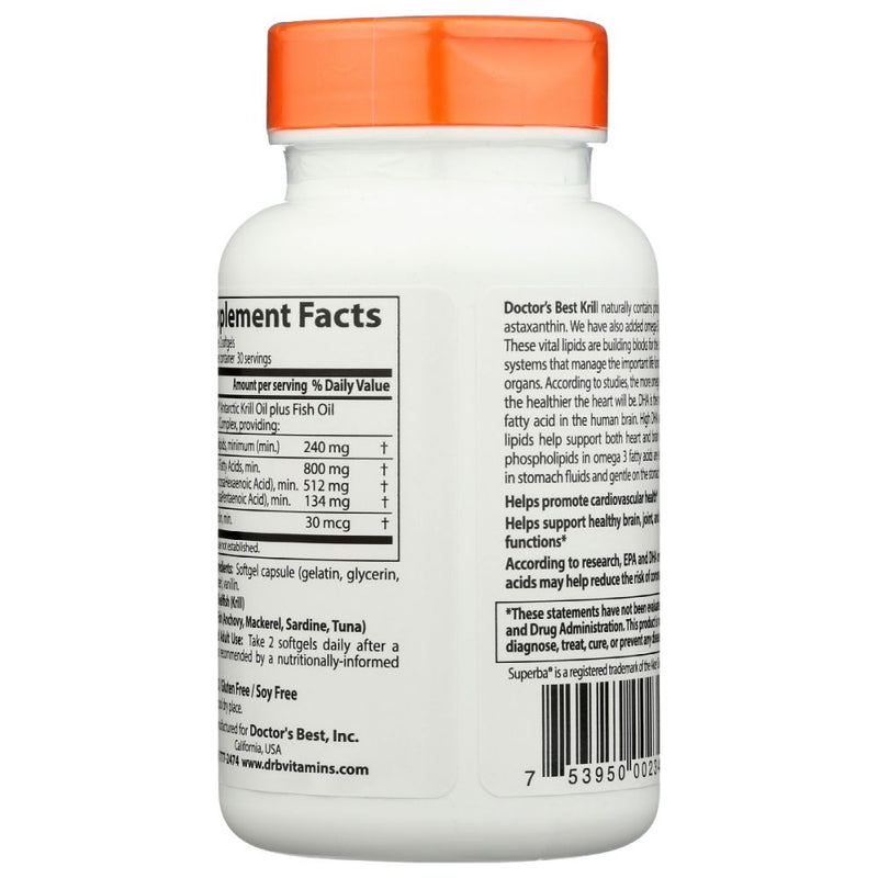Doctor's Best Enhanced Krill Plus Omega-3s – 60 Softgels | Superba2® Krill Oil, Heart & Brain Support